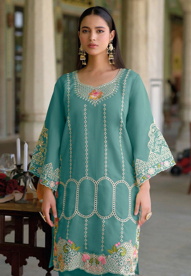 Sea Green Silk Kurta Set With Pant