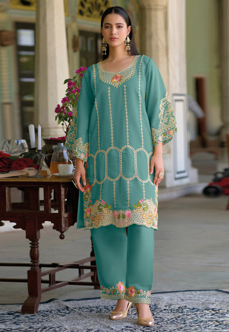Sea Green Silk Kurta Set With Pant