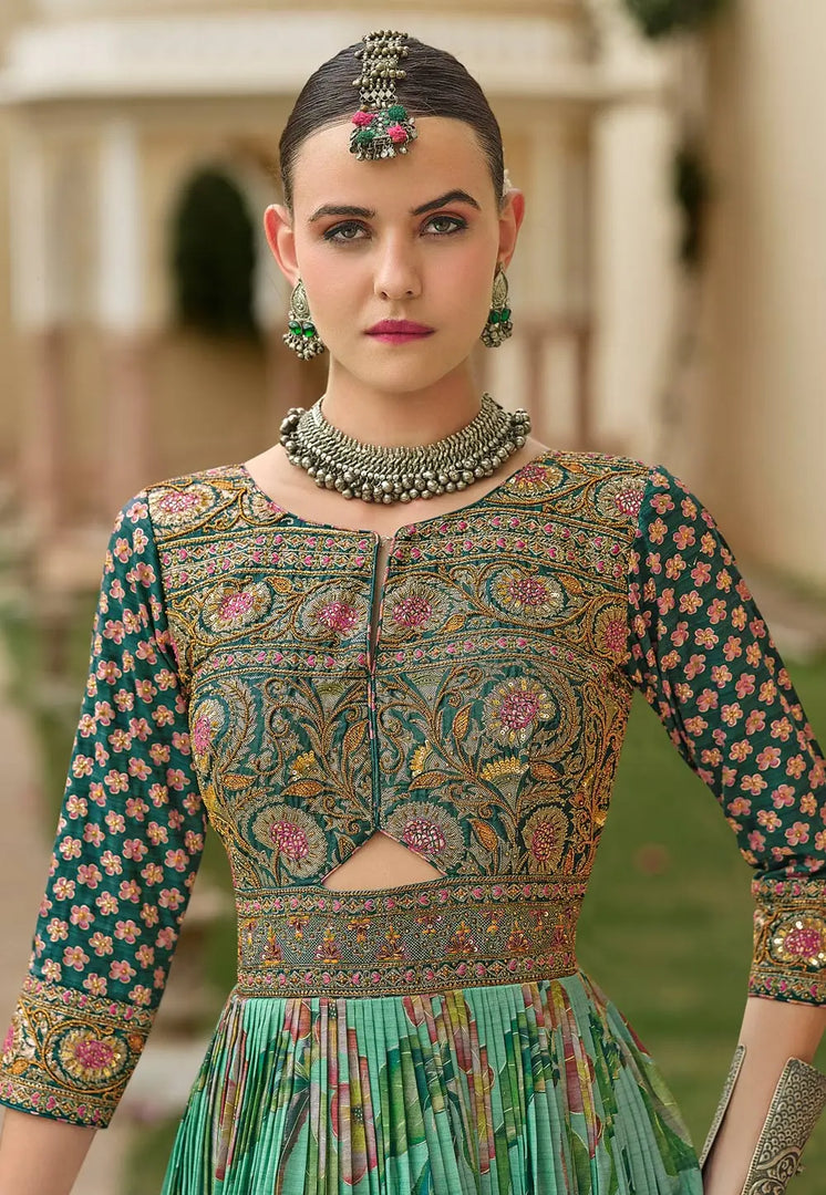 Sea Green Silk Long Anarkali Suit