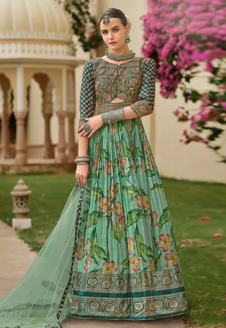Sea Green Silk Long Anarkali Suit