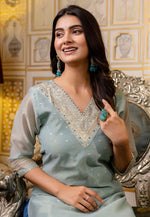 Load image into Gallery viewer, Sea Green Silk Long Kurti
