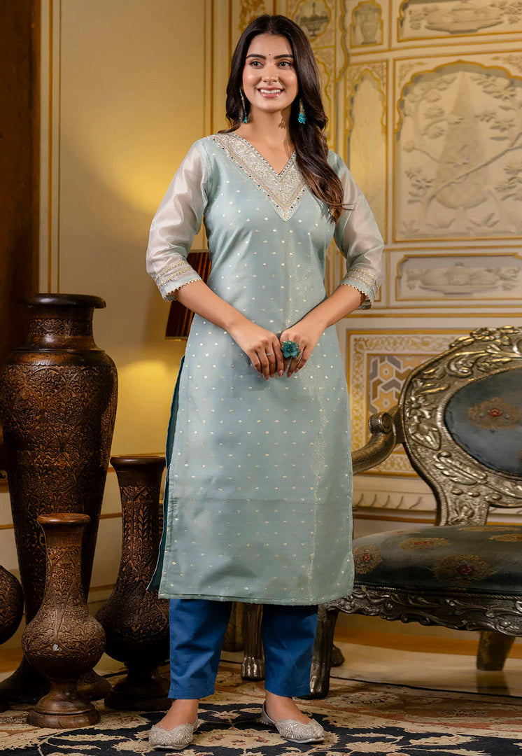 Sea Green Silk Long Kurti