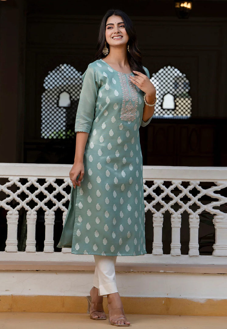 Sea Green Silk Long Kurti