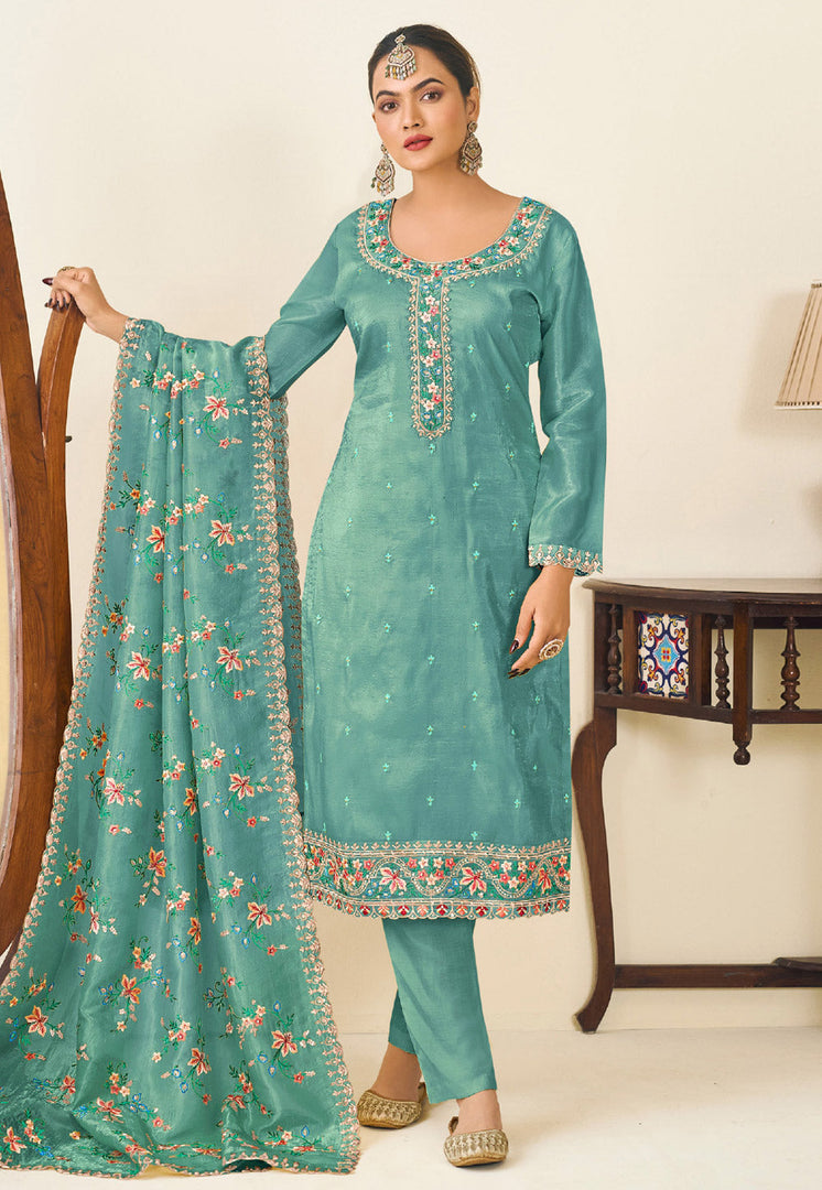 Sea Green Silk Pakistani Suit