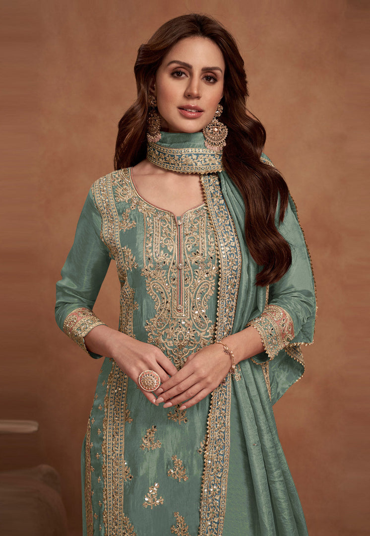 Sea Green Silk Palazzo Suit