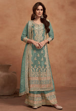 Load image into Gallery viewer, Sea Green Silk Palazzo Suit
