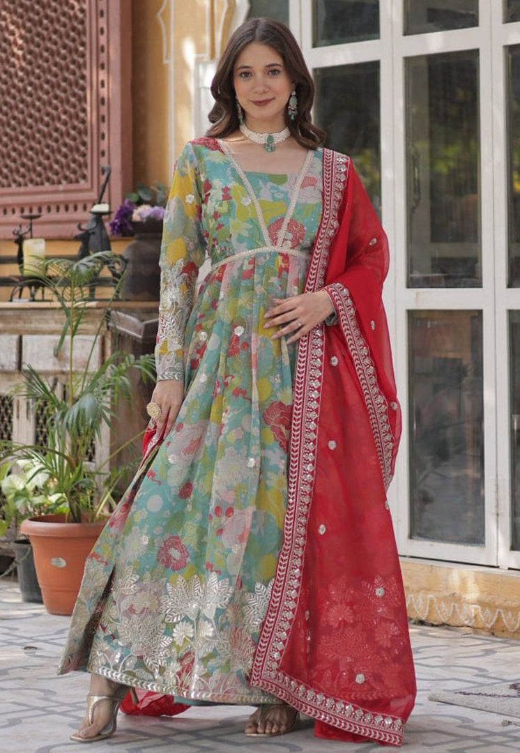 Sea Green Silk Readymade Anarkali Suit
