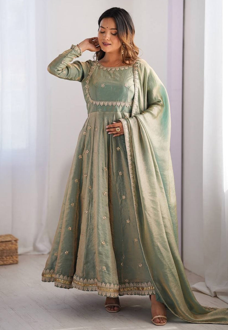 Sea Green Silk Readymade Anarkali Suit
