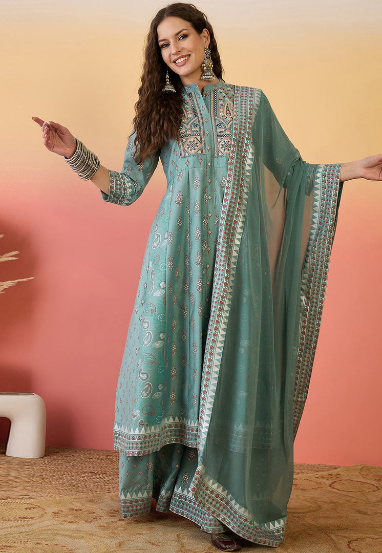 Sea Green Silk Readymade Palazzo Suit