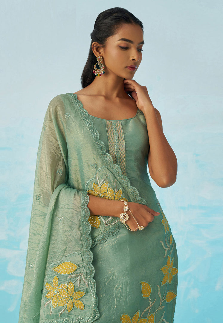Sea Green Silk Readymade Pant Style Suit