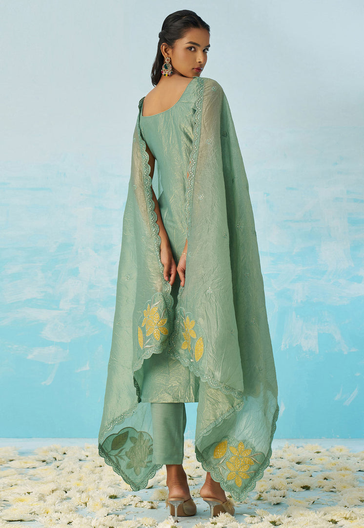 Sea Green Silk Readymade Pant Style Suit