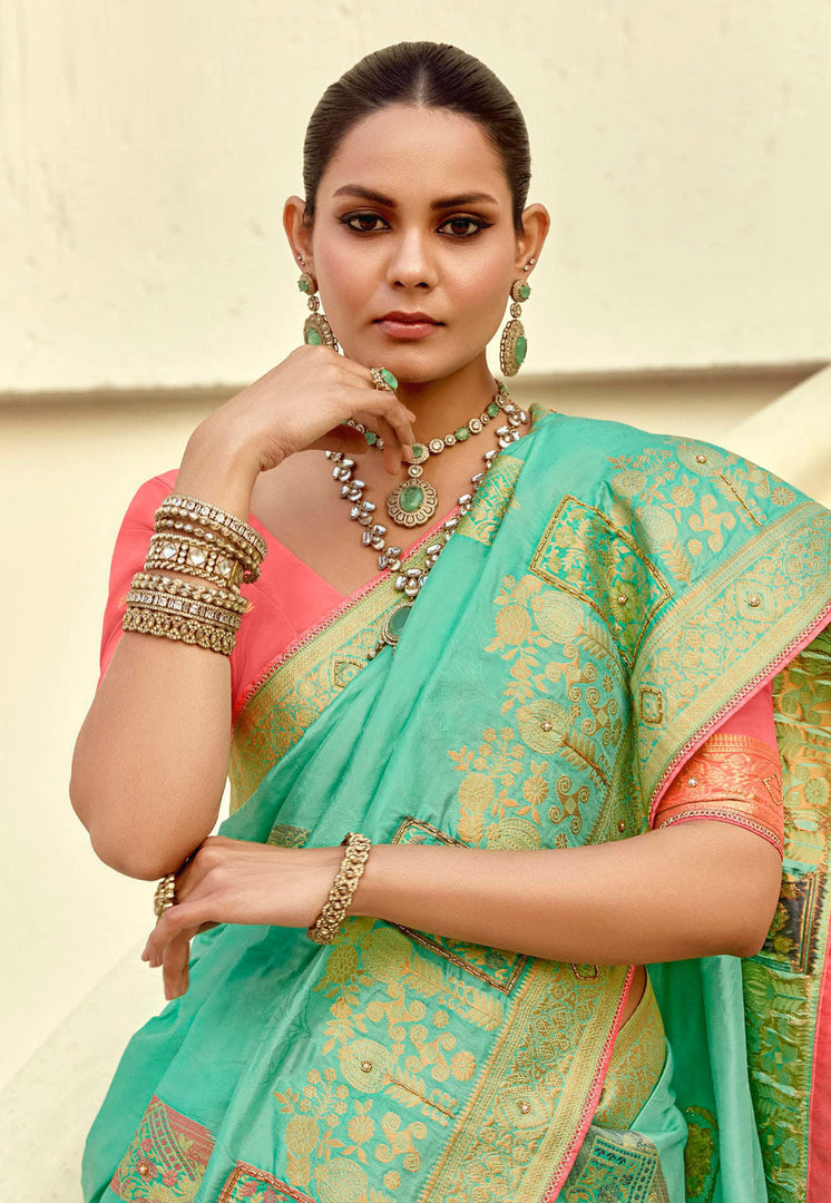 Sea Green Silk Saree With Blouse