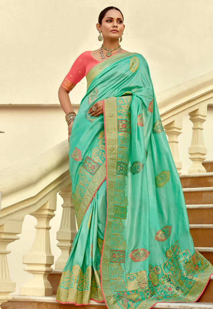 Sea Green Silk Saree With Blouse