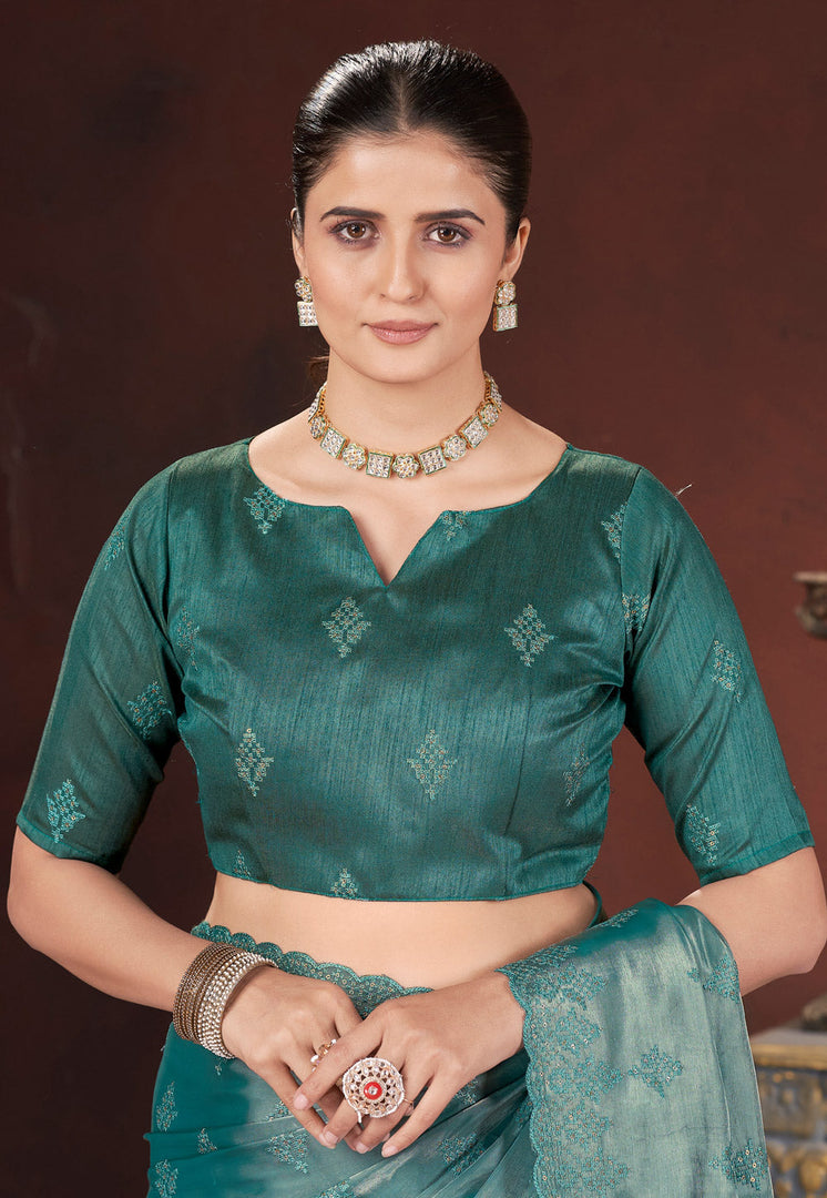 Sea Green Silk Saree With Blouse