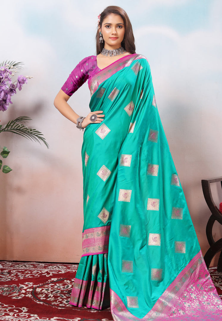 Sea Green Silk Saree With Blouse