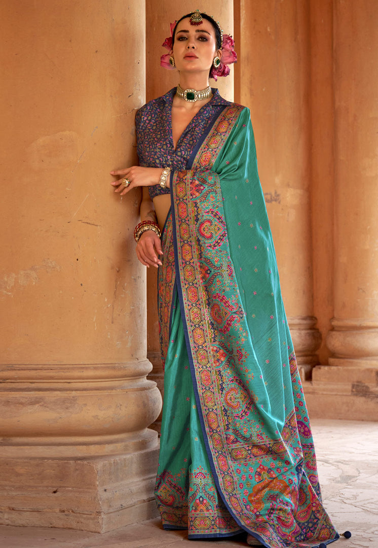 Sea Green Silk Saree With Blouse