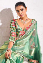 Load image into Gallery viewer, Sea Green Tissue Saree With Blouse
