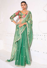 Load image into Gallery viewer, Sea Green Tissue Saree With Blouse
