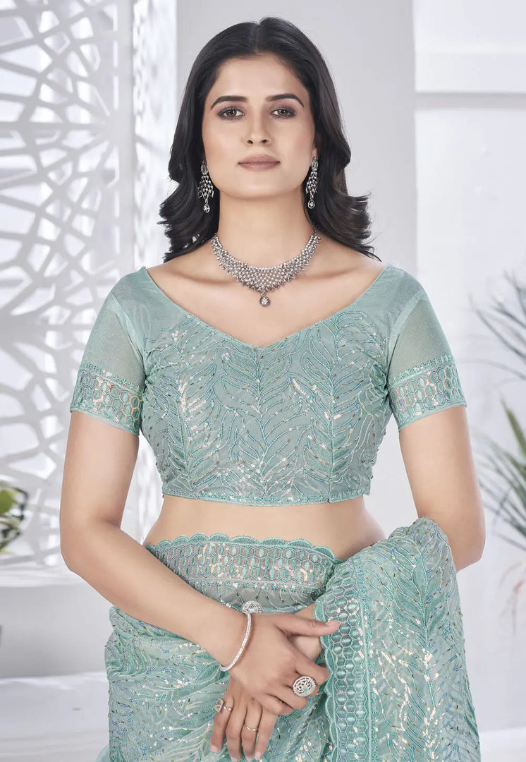 Sea Green Tissue Saree With Blouse