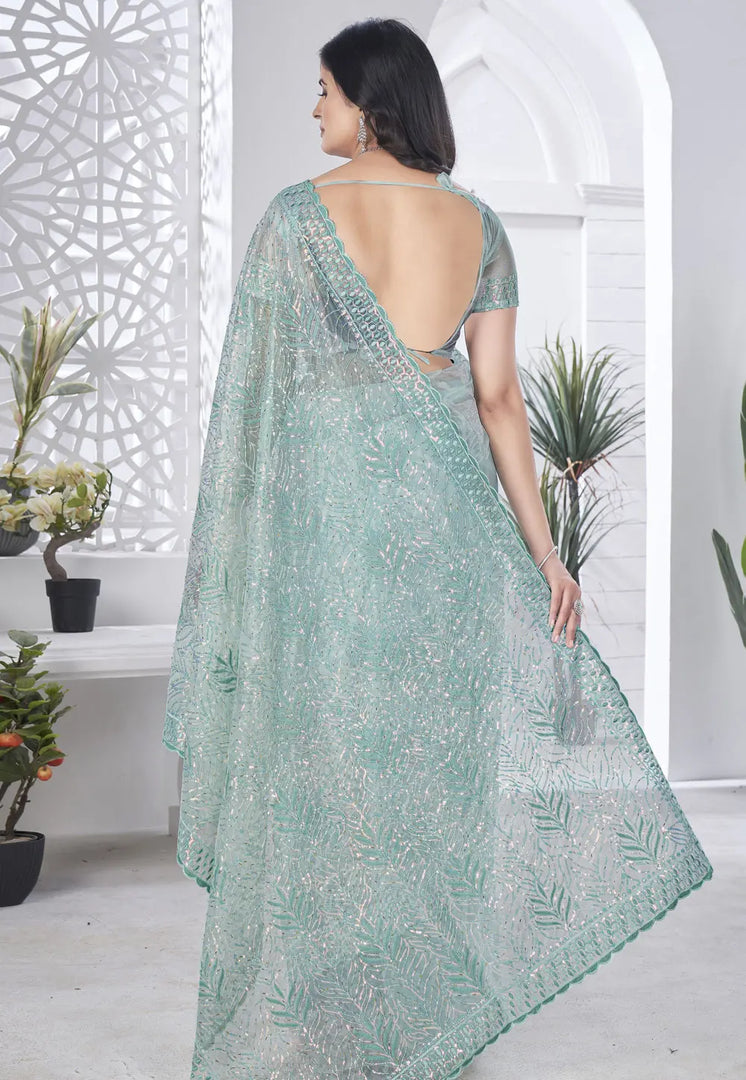 Sea Green Tissue Saree With Blouse