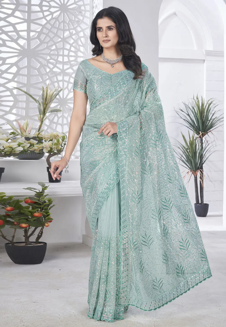 Sea Green Tissue Saree With Blouse