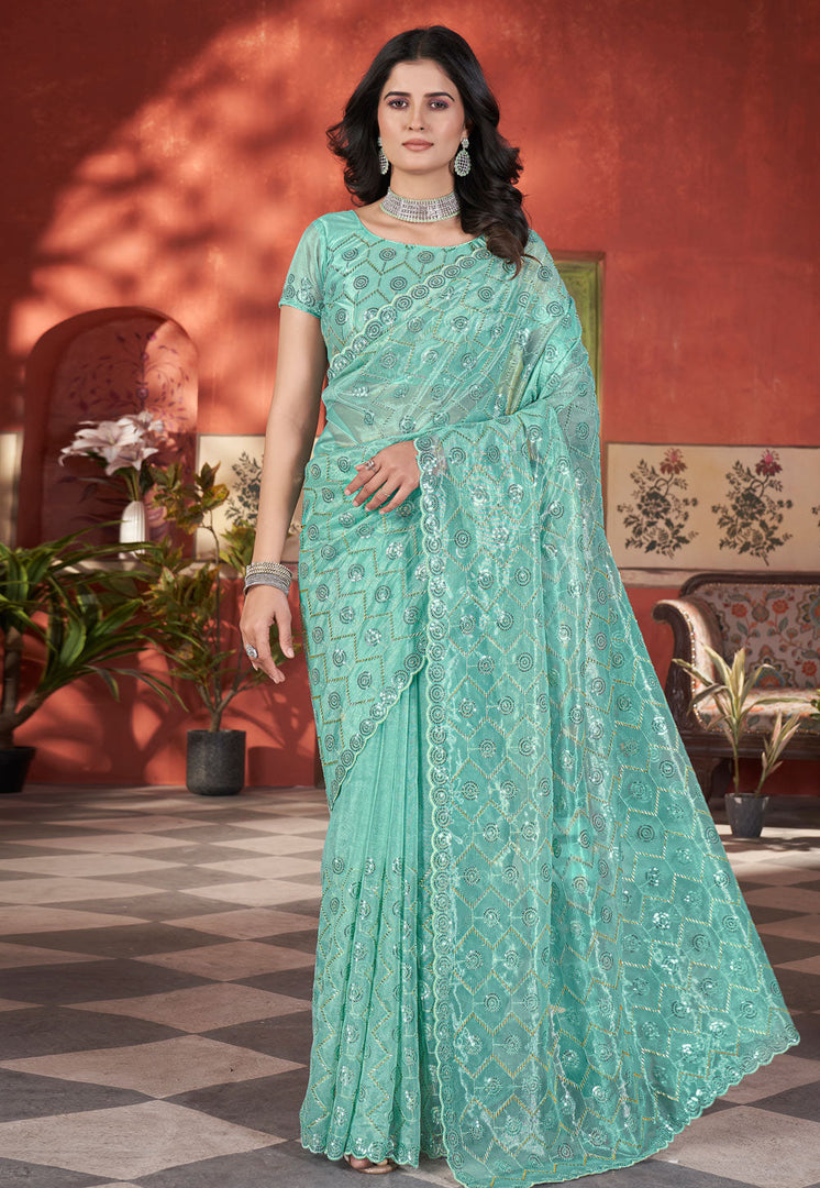Sea Green Tissue Sequence Saree