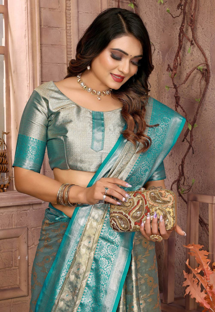 Sea Green Tissue Silk Saree With Blouse