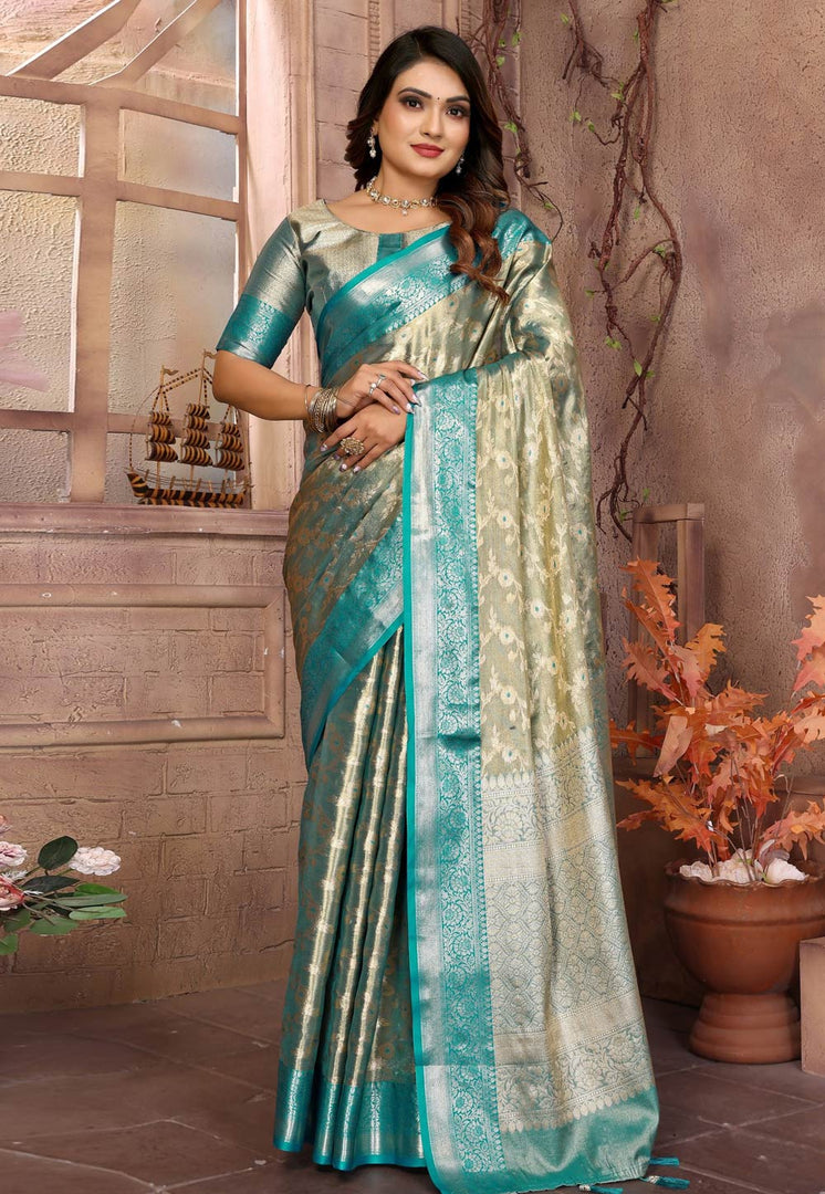 Sea Green Tissue Silk Saree With Blouse