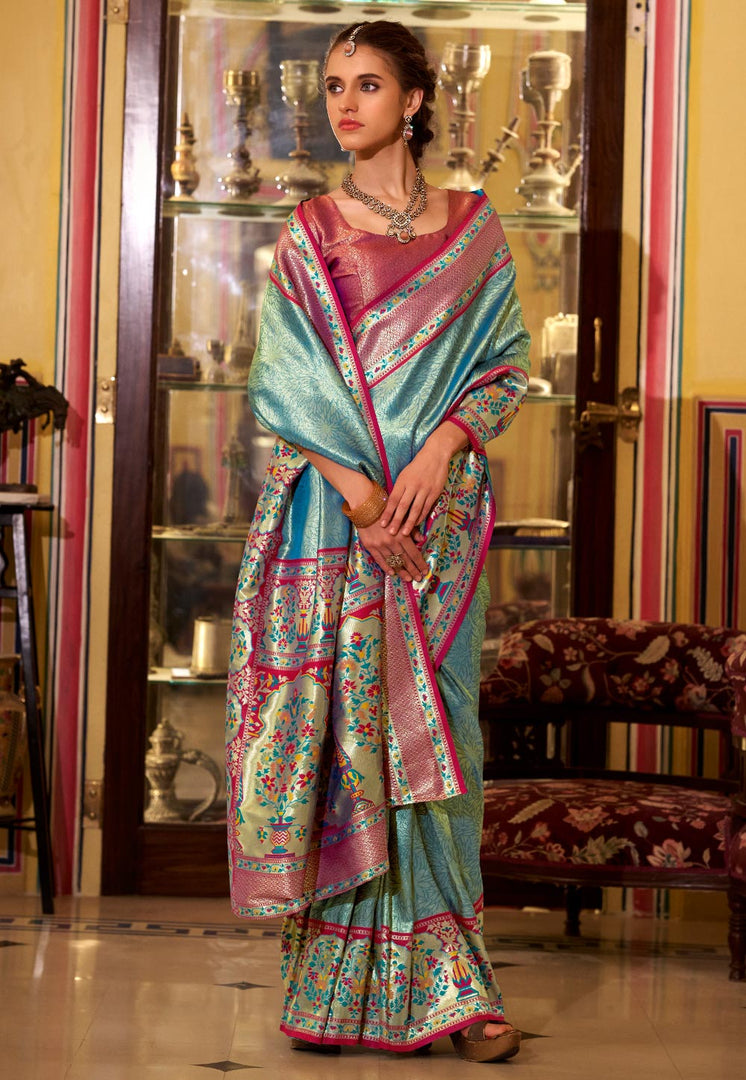 Sea Green Tissue Silk Saree With Blouse