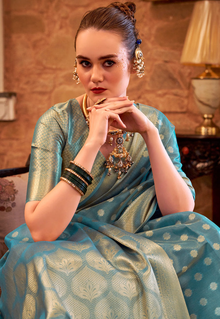Sea Green Tissue Silk Saree With Blouse