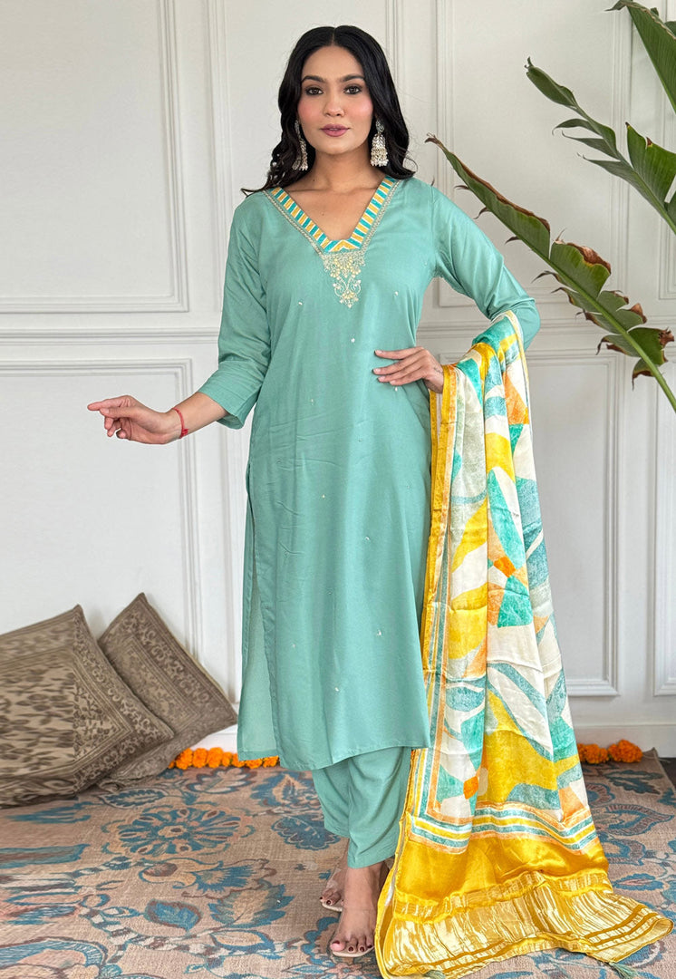 Sea Green Viscose Readymade Pant Style Suit