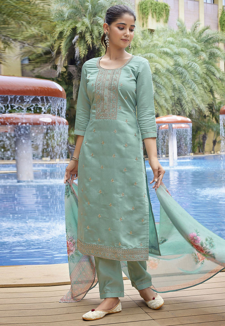 Sea Green Viscose Readymade Pant Style Suit