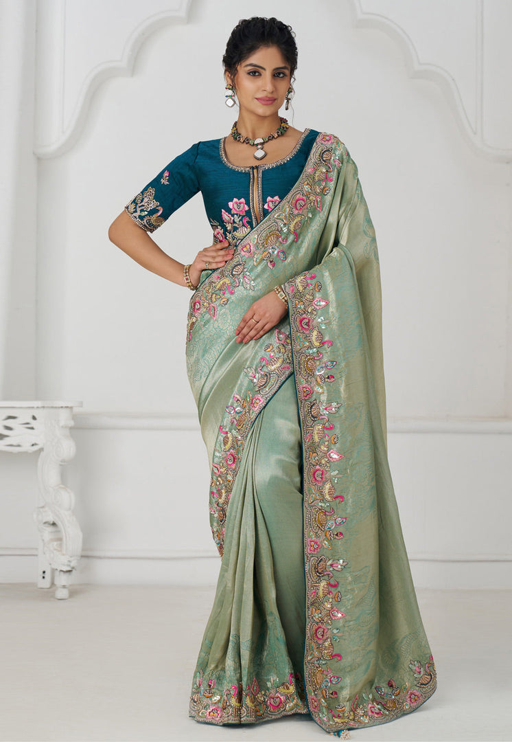 Sea Green Viscose Saree With Blouse