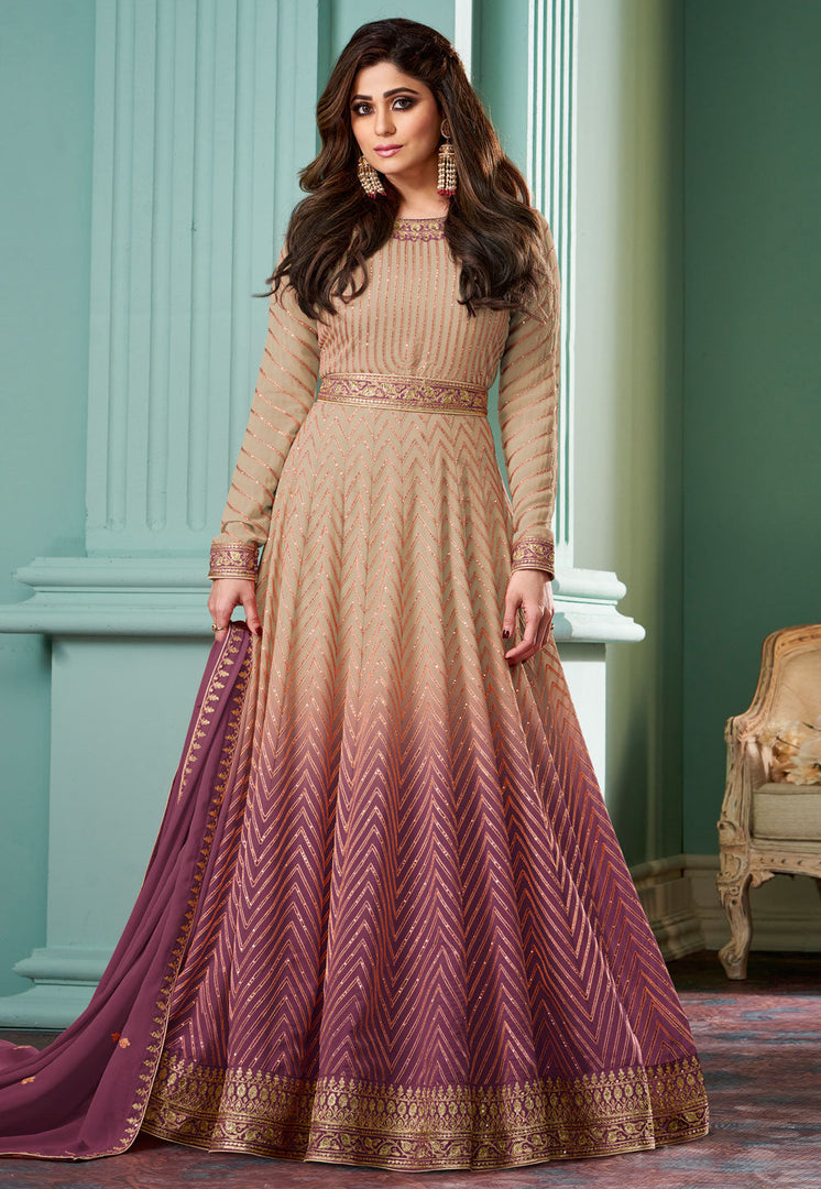 Shamita Shetty Purple Georgette Long Anarkali Suit
