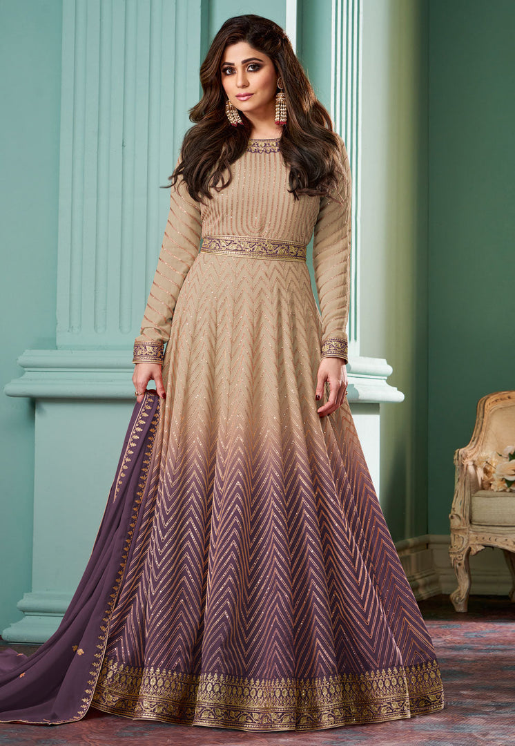 Shamita Shetty Wine Georgette Long Anarkali Suit