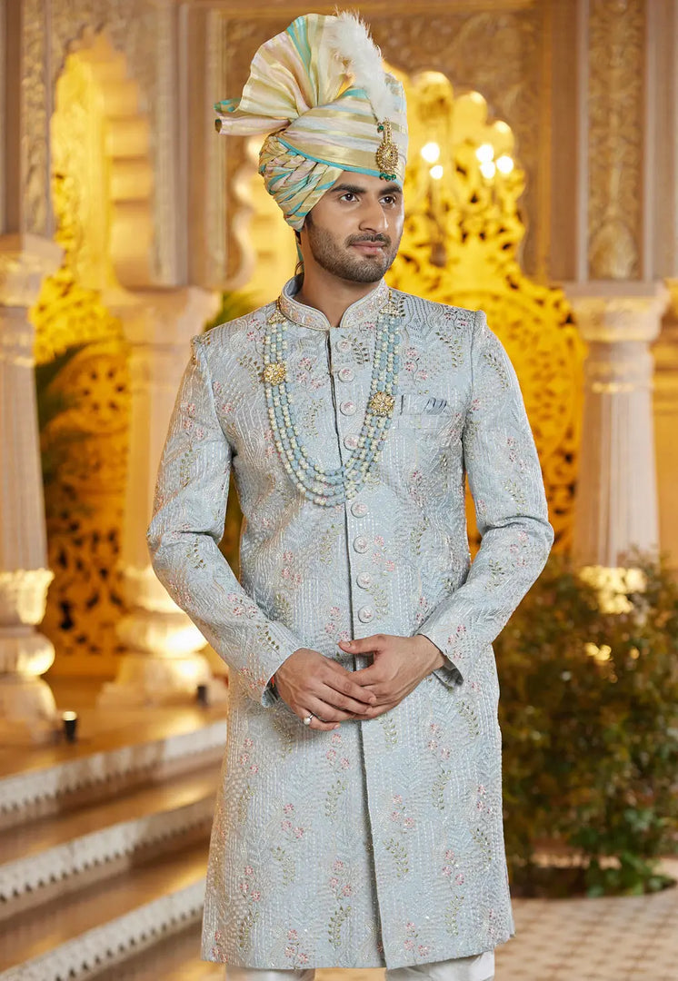 Sky Blue Art Silk Achkan Style Sherwani With Stole