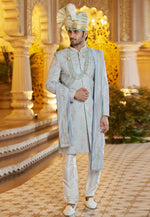 Load image into Gallery viewer, Sky Blue Art Silk Achkan Style Sherwani With Stole
