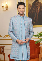 Load image into Gallery viewer, Sky Blue Art Silk Jacket Style Sherwani
