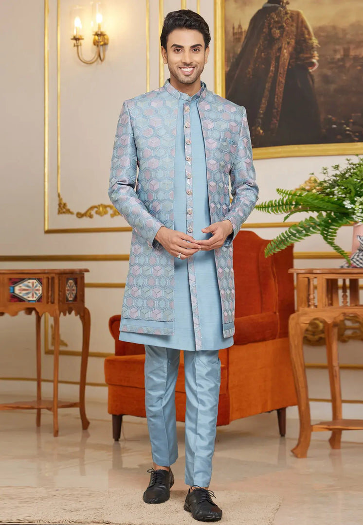 Sky Blue Art Silk Jacket Style Sherwani