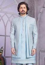 Load image into Gallery viewer, Sky Blue Art Silk Jacket Style Sherwani
