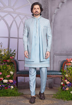 Load image into Gallery viewer, Sky Blue Art Silk Jacket Style Sherwani
