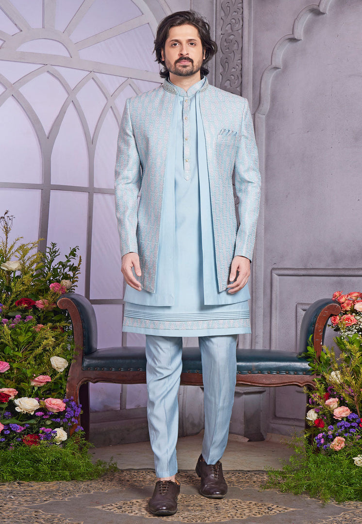 Sky Blue Art Silk Jacket Style Sherwani