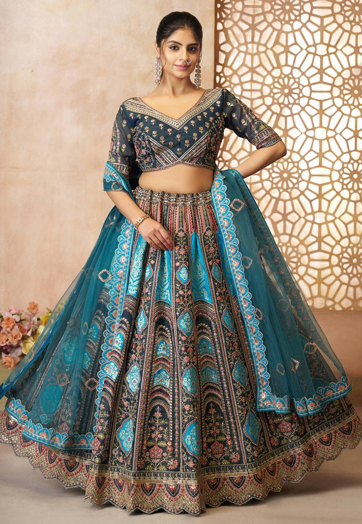 Sky Blue Banarasi Silk Circular Lehenga Choli