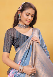 Sky Blue Bemberg Saree With Blouse