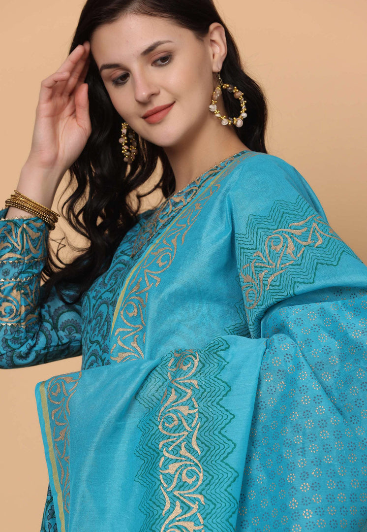 Sky Blue Chanderi Readymade Pant Style Suit