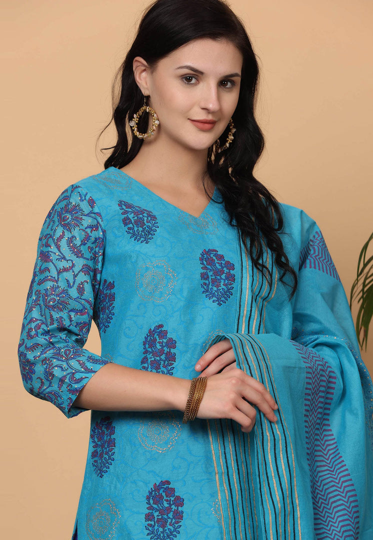 Sky Blue Chanderi Readymade Pant Style Suit