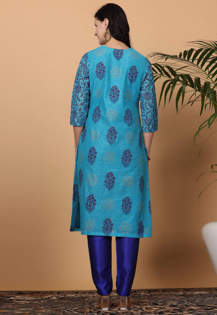Sky Blue Chanderi Readymade Pant Style Suit
