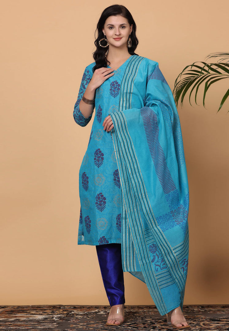 Sky Blue Chanderi Readymade Pant Style Suit