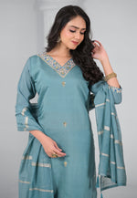 Load image into Gallery viewer, Sky Blue Chanderi Readymade Pant Style Suit
