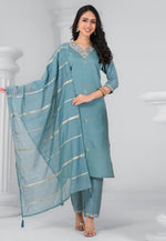 Load image into Gallery viewer, Sky Blue Chanderi Readymade Pant Style Suit
